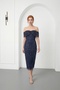 Women's Navy Blue Boat Neck Beaded Midi Evening Dress
