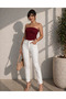 Women's Burgundy Gathered Side Slit Strapless Camisole Blouse Be395 - 3