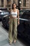 Women's Khaki Linen Textured Loose-Fit Palazzo Trousers - 2