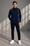 Men's Double Face Fabric Zippered Stand Collar Navy Blue Brown Tracksuit Set - 7942
