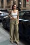 Women's Khaki Linen Textured Loose-Fit Palazzo Trousers - 3
