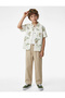 Buttoned Leaf Patterned Short Sleeve Shirt with Cotton Buttons