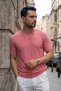 Men's Salmon Crew Neck Ribbed Knitted Straight Line Regular Fit Short Sleeve T-Shirt - 2