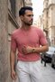 Men's Salmon Crew Neck Ribbed Knitted Straight Line Regular Fit Short Sleeve T-Shirt - 6