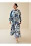 Kolağzı Gipe Detailed Patterned Plus Size Dress - Blue Abstract Pattern- - 3