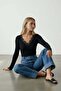 Black Front and Back V-Neck Cashmere Textured Sheer Lace Detail Blouse ALC-X15268 - 2