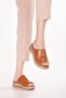 Genuine Leather Perforated Women's Daily Slippers Elnr.626 Tan