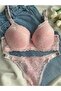 Women's Pink Lace Rhinestone Underwire Push up Padded Push up Bra Set Underwear Set - 4