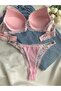 Women's Pink Lace Rhinestone Underwire Push up Padded Push up Bra Set Underwear Set - 5