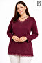 Comfortable Cut V-Neck Tulle and Pearl Embroidered Plum Mother Combed Cotton Blouse - 4