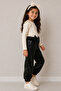 Girl, Black Leather Bow Detailed Trousers, Cream Shoulder Ruffle Badi and Headband Set. - 5