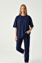 Women's Crew Neck Navy Blue Oversized T-Shirt - 3