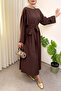 High Waist Belted Long Dress 0048 - Brown - 2