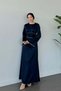Evening Dress with Baguette Stones on the Sleeves and Waist Navy Blue - 4