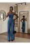 Women's Blue High Waist Wide-Leg Jean Jumpsuit - Spaghetti Strap Denim Jumpsuit - 5