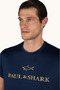 Men's Regular Fit Round Collar Logo Embroidered Cotton Short Sleeve Navy Blue-Gold T-Shirt - 4