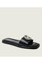 Women's Metallic Logo Detailed Comfortable Sole Leather Black Slippers