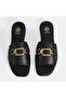 Women's Black Leather Slippers with Metal Buckle Accessories - 7