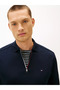 Men's Regular Fit Cotton Half Zipper Long Sleeve Navy Blue Polo Collar T-Shirt - 4