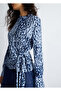 Women's Double Breasted Closure Shirt Collar Long Sleeve Blue Blouse - 2