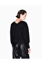 Women's Comfortable Fit V-Neck Ax Logo Embossed Long Sleeve Black Sweatshirt - 2