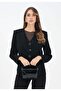 Women's Regular Fit Smooth Fabric Single Button Black Jacket with Shoulder Pads and Pocket Detail - 2