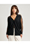 Women's Regular Fit V-Neck Single Button Sleeve Tulle Detailed Black Cardigan