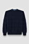 Men's Regular Fit 100% Pure Wool Striped Ribbed Round Neck Long Sleeve Navy Blue Knitwear - 5