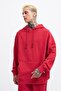 Men's Basic Solid Hooded Oversize Washed Red Sweatshirt - 3