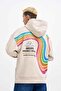 Men's Rainbow Printed Light Beige Hoodie - 3