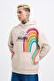 Men's Rainbow Printed Light Beige Hoodie - 7
