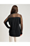 Women's Regular Fit V-Neck Single Button Sleeve Tulle Detailed Black Cardigan - 2
