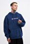 Men's Washed Embroidered Hooded Oversize Navy Blue Sweatshirt - 2