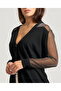 Women's Regular Fit V-Neck Single Button Sleeve Tulle Detailed Black Cardigan - 4