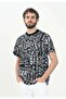 Men's Round Neck Logo Printed Short Sleeve Black-White T-Shirt