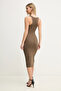 Women's Slim Fit Round Open Collar Strap Midi Length Brown Dress - 2