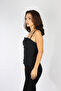 Women's Woven Fabric Rope Strap Slim Fit Black T-Shirt with Zipper Closure at the Back - 2