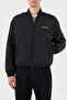 Men's Brand Logo Detailed Stand Collar Zipper Closure Navy Blue Coat