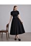 Women's Short Sleeve Belted Maxi Combination Dress Black - with Belt - Sevde Ugur - 2