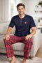 Men's 100% Cotton Pajama Set Navy Blue Top Red Plaid Bottom Short Sleeve Regular Cut