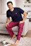 Men's 100% Cotton Pajama Set Navy Blue Top Red Plaid Bottom Short Sleeve Regular Cut - 5