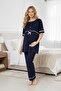 New Season Navy Blue Ribbed Short Sleeve Summer Special Design Maternity Pajama Set - 6