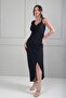 Women's V-Neck Draped Side Buckle Detailed Seersucker Imported Fabric Long Design Dress