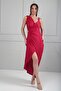 Women's V-Neck Draped Side Buckle Detailed Seersucker Imported Fabric Long Design Dress