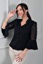 Women's Layered Ruffled Tulle Embellished Flounce Long Sleeve Crepe Satin Shirt - 2
