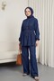 Half-Buttoned, Pleated Front, Tie-Waist Denim Suit with Trousers - Navy - 5