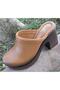2217020Y Women's Genuine Leather Platform Sole Closed-Front Heeled Slippers
