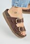 Alexa Women's Leather Genuine Leather Double Buckle Platform Brown Slippers - 4