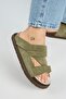 Elifi Women's Genuine Leather Velcro Khaki Slippers