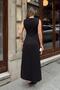 Black Zero Sleeve Shoulder Pleated Waist Draped Front Slit Women's Midi Dress - 5